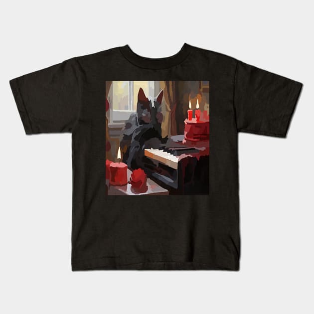 watercolor black cat playing piano Kids T-Shirt by Catbrat